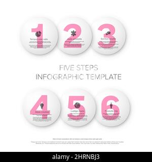 Vector light six circle progress button steps template with descriptions, icons and big pink numbers. Template for six directions infographic layout o Stock Vector