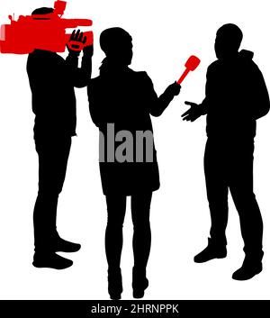 Silhouette operator removes journalist with microphone on a white background. Stock Vector