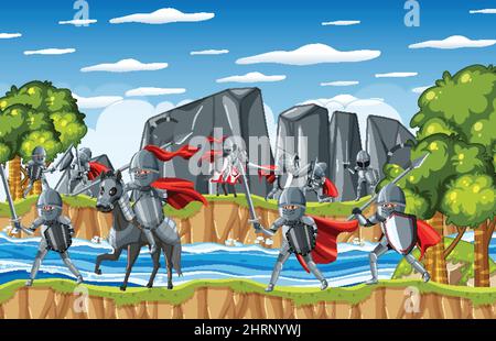 Medieval outdoor scene with knights fighting with dragon illustration ...