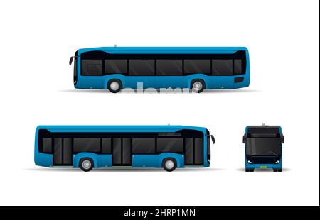 Modern blue urban low-floor electric bus. Side view, front. Stock Vector