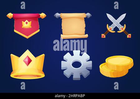 Set game icons medieval flag, parchment scroll, golden crown, setting symbol and coins in cartoon style isolated on white background. Collection menu objects, royal elements. Vector illustration Stock Vector