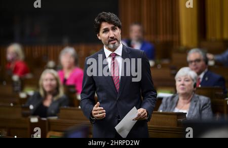 Prime Minister Justin Trudeau stands during question period in the House of Commons on Parliament Hill in Ottawa on Thursday, Sept. 24, 2020. THE CANADIAN PRESS/Sean Kilpatrick