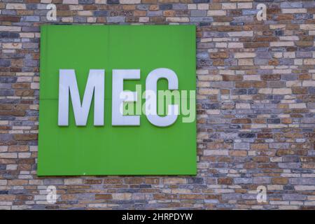 A Mountain Equipment Coop, MEC, sign is seen on a store front in Montreal on Tuesday, June 18, 2019. THE CANADIAN PRESS/Paul Chiasson Stock Photo