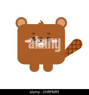 Square beaver forest animal face with tail icon isolated on white background. Stock Vector