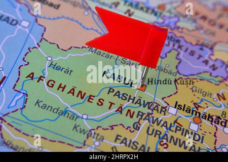 Red pin located city of Kabul on map, Afghanistan Stock Photo