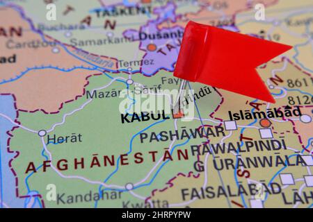 Red flag marked on map Kabul in Afghanistan Stock Photo