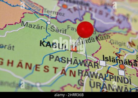 Kabul pinned on map with red pin, Afghanistan Stock Photo