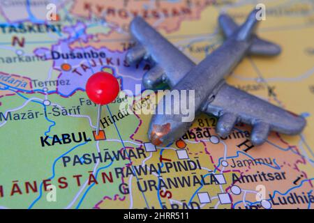 Kabul located on map with red pin and a plane, Afghanistan Stock Photo