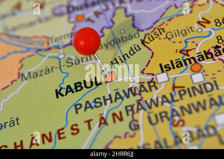 Pin marked Kabul on map, Afghanistan Stock Photo