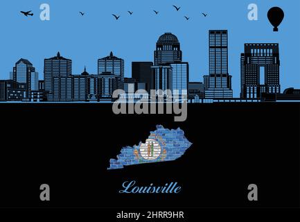 Louisville city skyline silhouette - illustration,  Town in Blue background,  Map of Kentucky Stock Vector