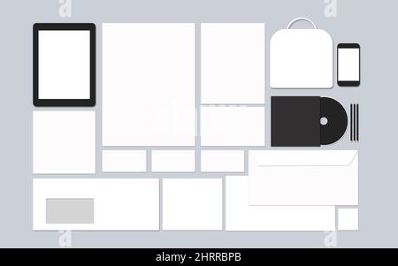 Branding Mockup Template. Set of white blanks on grey Neutral Grey background. Corporate identity stationery Mock Up Stock Photo