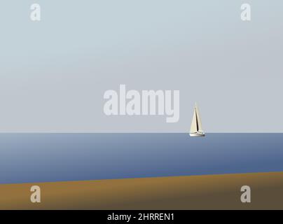 vector depicting a sailboat on the open water, with a beach in the foreground and a blue sky in the background. With the colors blue, white, gray, bro Stock Vector