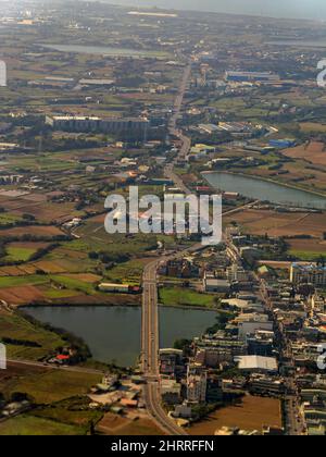 Sunny aerial view of the Guanyin District, Taoyuan City at Taiwan Stock Photo