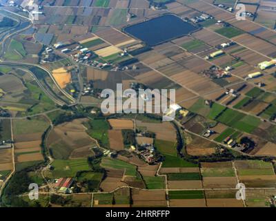 Sunny aerial view of the Guanyin District, Taoyuan City at Taiwan Stock Photo