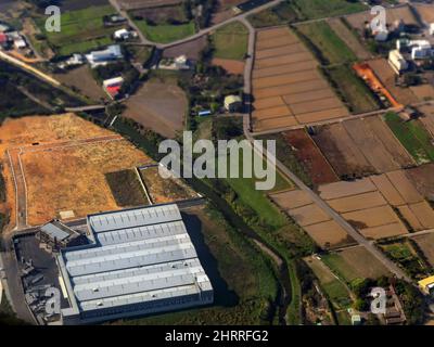 Sunny aerial view of the Guanyin District, Taoyuan City at Taiwan Stock Photo