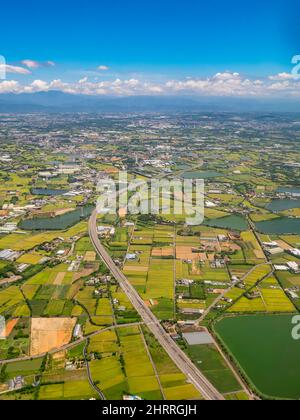 Sunny aerial view of the Guanyin District, Taoyuan City at Taiwan Stock Photo