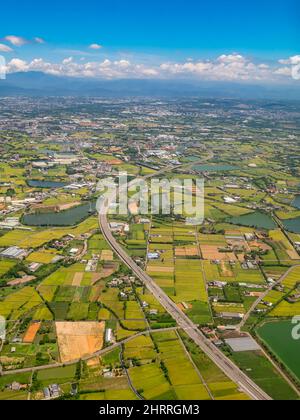 Sunny aerial view of the Guanyin District, Taoyuan City at Taiwan Stock Photo