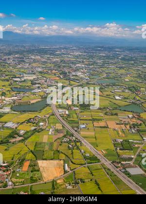 Sunny aerial view of the Guanyin District, Taoyuan City at Taiwan Stock Photo