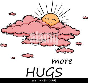 Sun and Cloud kids drawing for nursery in cartoon outline style. Girl pink vector illustration isolated on white Stock Vector