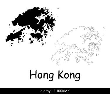 Hong Kong Map. HK HKSAR Black silhouette and outline map isolated on white background. Hong Kong Territory Border Boundary Line Icon Sign Symbol Clipa Stock Vector