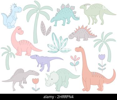 Set of cute funny dinosaurs and plants isolated on white background ...