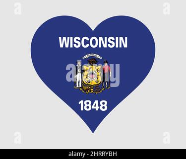 Wisconsin USA Heart Flag. WI US Love Shape State Flag. Badger State United States of America Banner Icon Sign Symbol Clipart. EPS Vector Illustration. Stock Vector