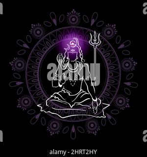 Shiva, Hindu god, giving blessing, with glowing Sahasrara crown chakra and circle design on background. Beautiful black hand drawn vector elements for Stock Vector