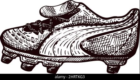 Football boots sketch isolated. Vintage element uniform for football player in hand drawn style. Engraved icon designed for poster, print, book illust Stock Vector