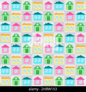 Seamless pattern with colorful cartoon houses. Cute illustration in pastel tones. Print for textile, interior, wrapping paper, design and decor.  Stock Vector