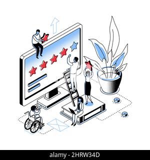 Testimonials - modern line isometry design style illustration on white background. Picture with male, female workers making star rating on computer sc Stock Vector