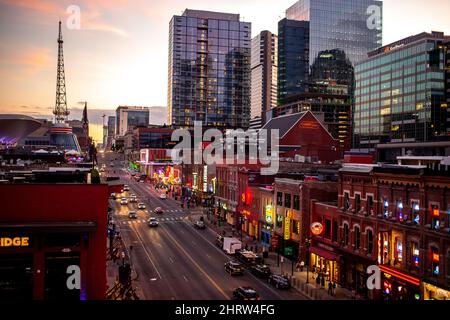 Cityscape of Downtown Nashville Tennessee Ryman Auditorium Cityscape Nightlife City Lights Stock Photo