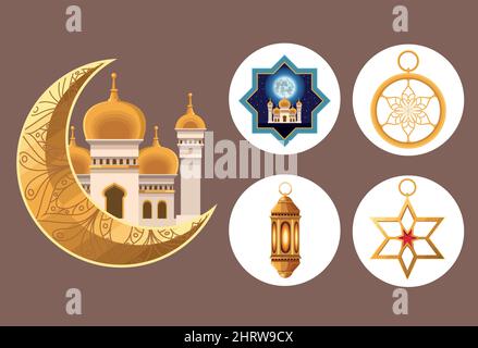 five ramadan kareem icons Stock Vector