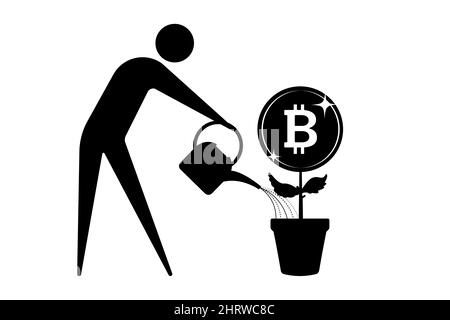 Growing money concept. Human icon watering bitcoin money plant isolated on white background. Vector illustration Stock Vector