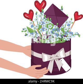 Hands holding box with blue forget me not flowers and hearts on stick. Delivery of bouquet as gift for holiday. Vector flat illustration Stock Vector