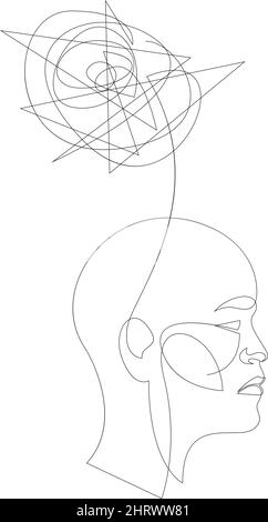 Human head with confusion of thoughts in Continuous one line drawing. Concept of bad mental health, anxiety and stress. Headache and chaos in consciou Stock Vector