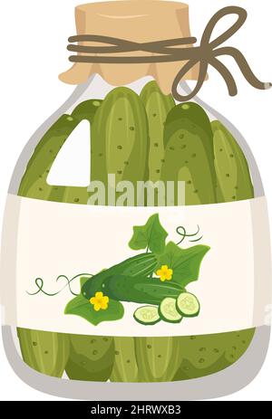 Green salty canned pickled cucumbers in a closed glass jar. Ready meal, tasty snack. Vector flat illustration Stock Vector