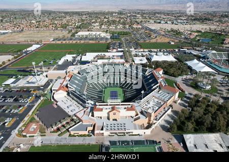 An aerial view of Stadium 1 at the Indian Wells Tennis Garden, Friday, Feb. 25, 2022, in Indian Wells, Calif. The facility is the site of the BNP Pari Stock Photo