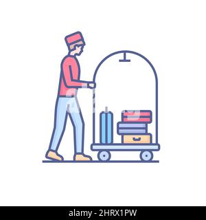 Bellboy at work - modern colored line design style icon on white background. Neat detailed image of young man carrying suitcases of hotel guests on a Stock Vector