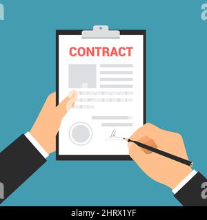 Flat design illustration of manager hand signing contract on white paper with pencil - vector Stock Vector