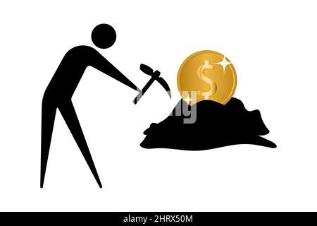 Mining cost concept. Icon of a miner and dollar coin isolated on white background. Vector illustration Stock Vector