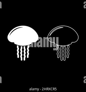Jellyfish set icon white color vector illustration image simple solid fill outline contour line thin flat style Stock Vector