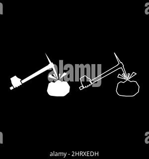 Pickaxe mining beats stones flying Holding in hand set icon white color vector illustration image simple solid fill outline contour line thin flat Stock Vector