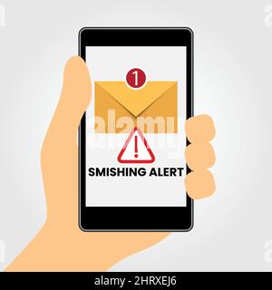 Smishing concept. Hand holding a cell phone with a fraudulent sms on the screen. Electronic messaging scam alert Stock Vector