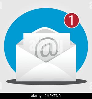 E-mail icon with an open envelope and a number one indicating that you have a new message Stock Vector