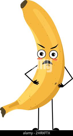 Banana character with angry emotions, grumpy face, furious eyes, arms and legs. Person with irritated expression, fruit emoticon. Vector flat illustration Stock Vector