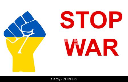 Human fist graphics in Ukraine flag colours with text. Stop war. Stock Vector