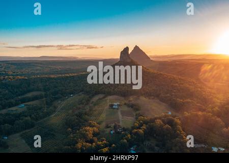 Sunset over the Glasshouse Mountains in Australia Stock Photo