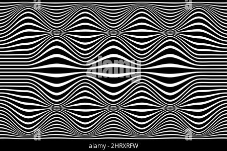 Psychedelic lines. Abstract pattern. Texture with wavy, curves stripes. Optical art background. Wave black and white design, Vector illustration Stock Vector