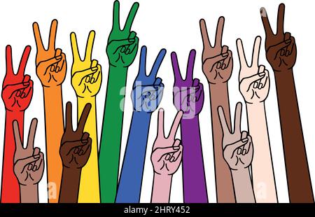 human hands with peace sign, victory symbol, diversity concept, rainbow colors, LGBT, vector illustration Stock Vector