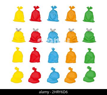 Set of orange, yellow, red, blue, green plastic garbage bags Stock Vector
